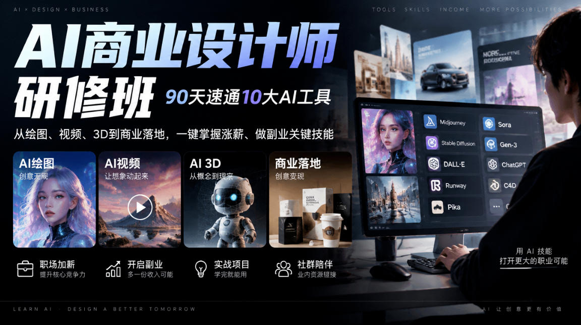AI商业设计师研修班,90天速通10大AI工具,从绘图、视频、3D到商业落地,一键掌握涨薪、做副业关键技能-摇钱树