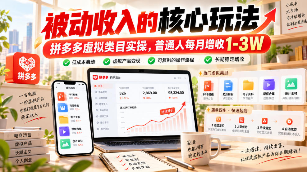 被动收入的核心玩法,拼多多虚拟类目实操,普通人每月增收1-3W【揭秘】-摇钱树