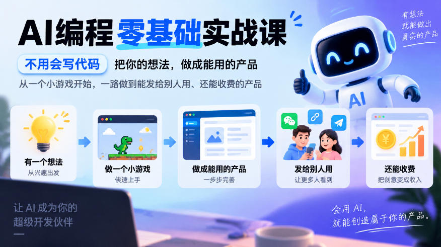 AI编程零基础实战课，不用会写代码，把你的想法，做成能用的产品，从一个小游戏开始，一路做到能发给别人用、还能收费的产品-摇钱树