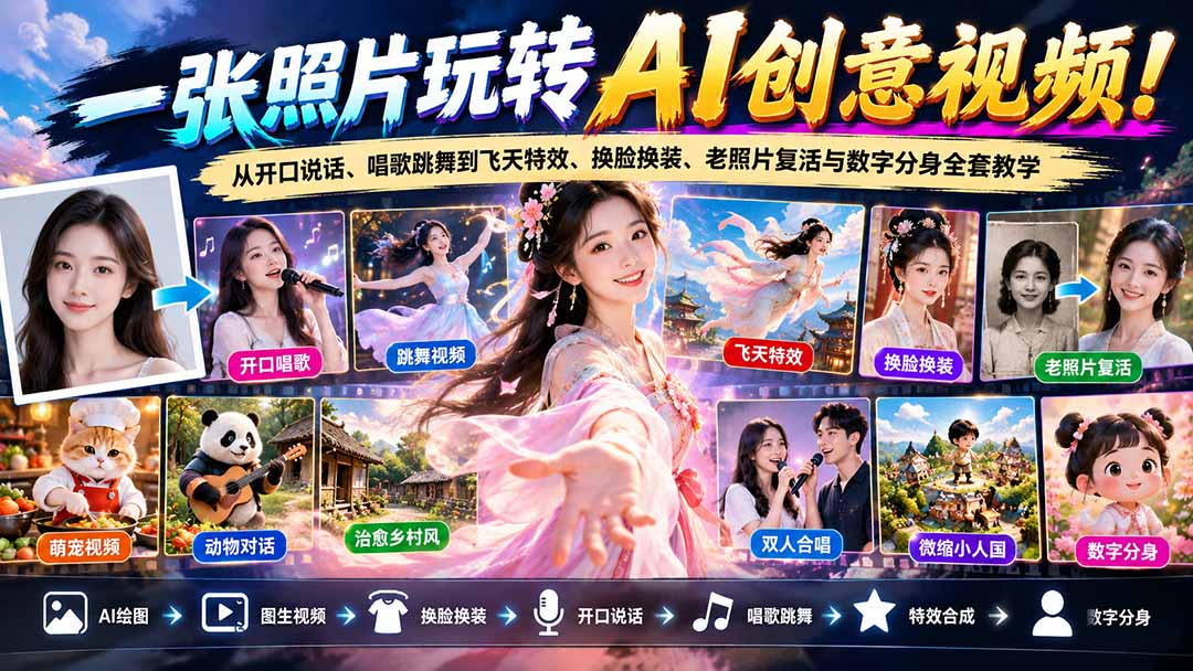 一张照片玩转AI创意视频!从开口说话、唱歌跳舞到飞天特效、换脸换装、老照片复活与数字分身全套教学-日入300副业网