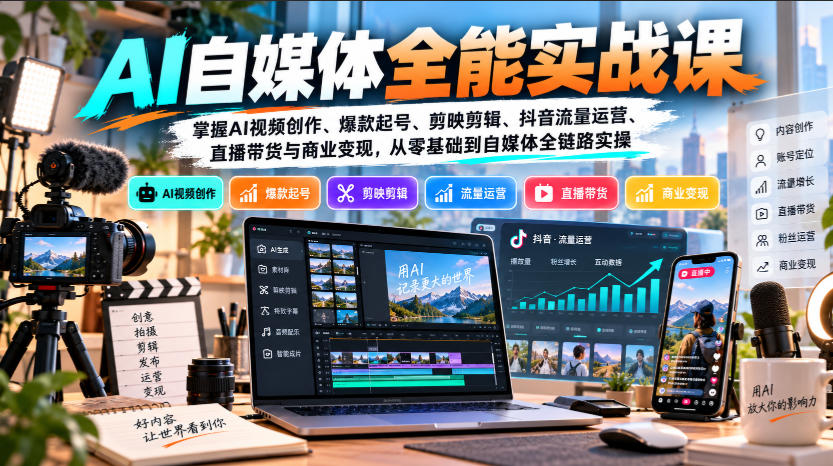 【无水印】AI自媒体全能实战课,掌握AI视频创作、爆款起号、剪映剪辑、抖音流量运营、直播带货与商业变现,从零基础到自媒体全链路实操-日入300副业网