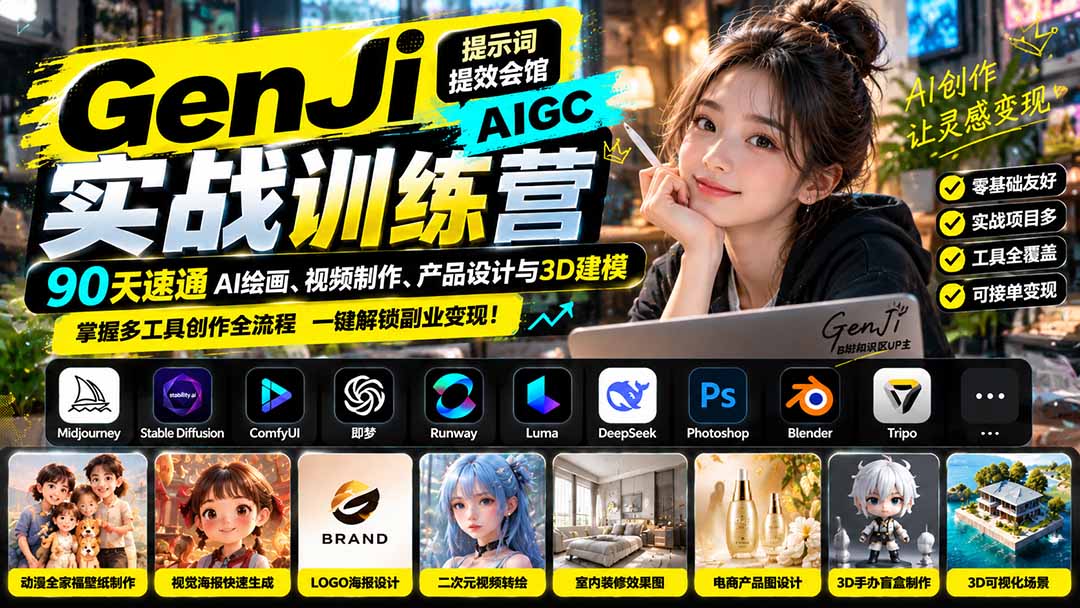 GenJi AIGC实战训练营：90天速通AI绘画、视频制作、产品设计与3D建模，掌握多工具创作全流程-摇钱树