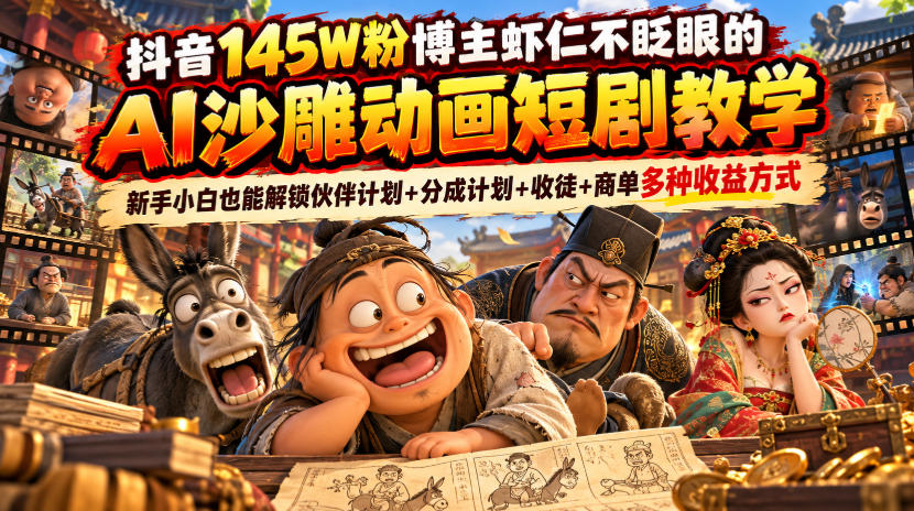 抖音145W粉博主虾仁不眨眼的AI沙雕动画短剧教学，新手小白也能解锁伙伴计划+分成计划+收徒+商单多种收益方式-摇钱树