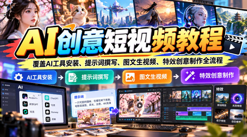 AI创意短视频教程,覆盖AI工具安装、提示词撰写、图文生视频、特效创意制作全流程-盈科项目资源网