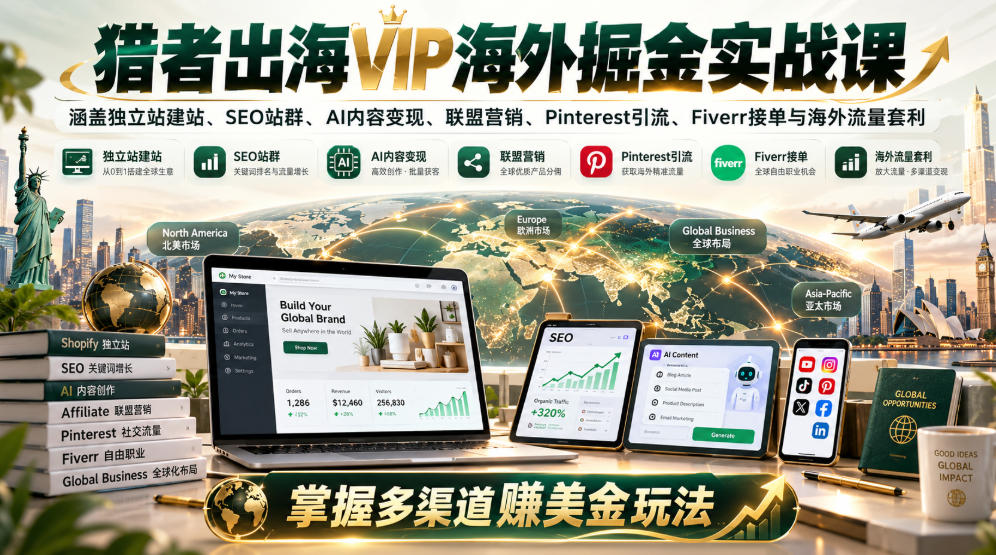猎者出海VIP海外掘金实战课:涵盖独立站、SEO站群、AI变现、联盟营销、Pinterest引流、Fiverr接单与海外流量套利,掌握多渠道賺美金玩法-摇钱树