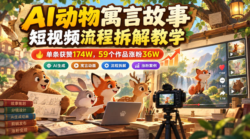 AI动物寓言故事短视频流程拆解教学，单条获赞174W，59个作品涨粉36W-摇钱树