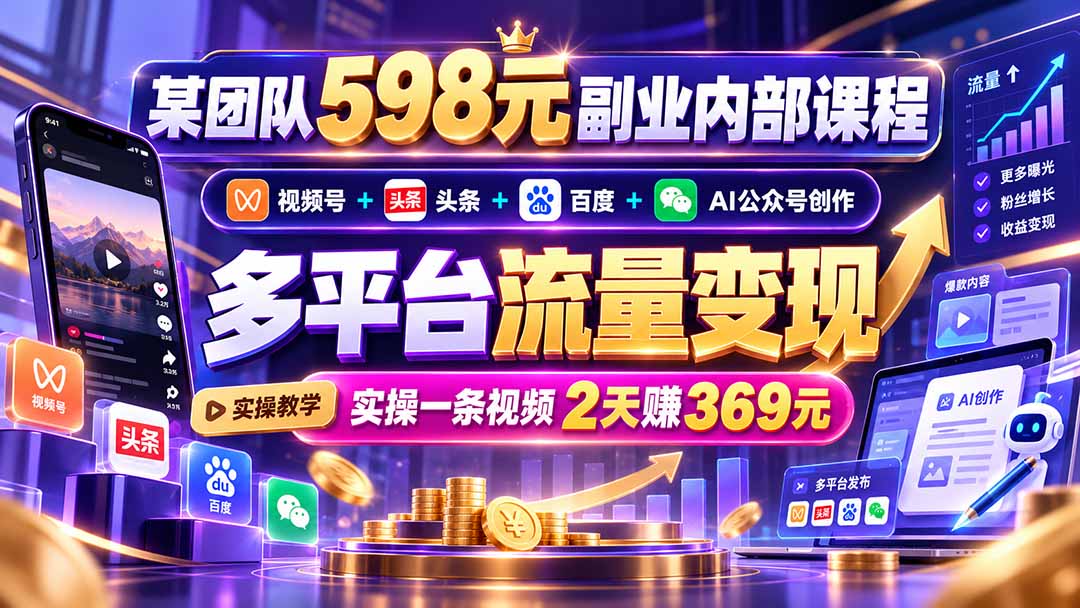 某团队598元副业内部课程:视频号+头条+百度+AI公众号创作、多平台流量变现,实操一条视频2天赚369元-摇钱树