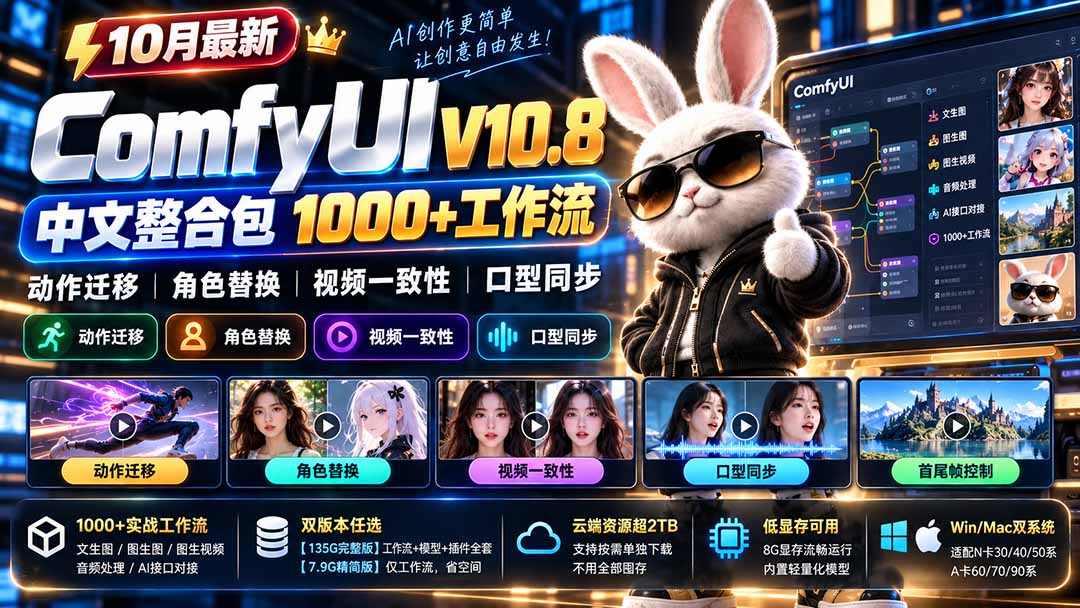 10月最新ComfyUI V10.8中文整合包 1000+工作流 动作迁移 角色替换 视频一致性 口型同步 低显存可用-摇钱树