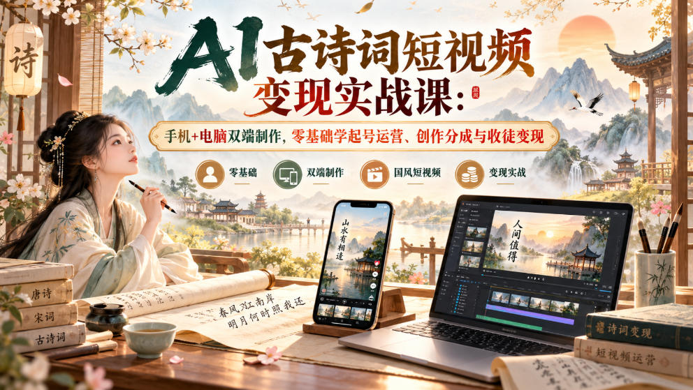 AI古诗词短视频变现实战课:手机+电脑双端制作,零基础学起号运营、创作分成与收徒变现