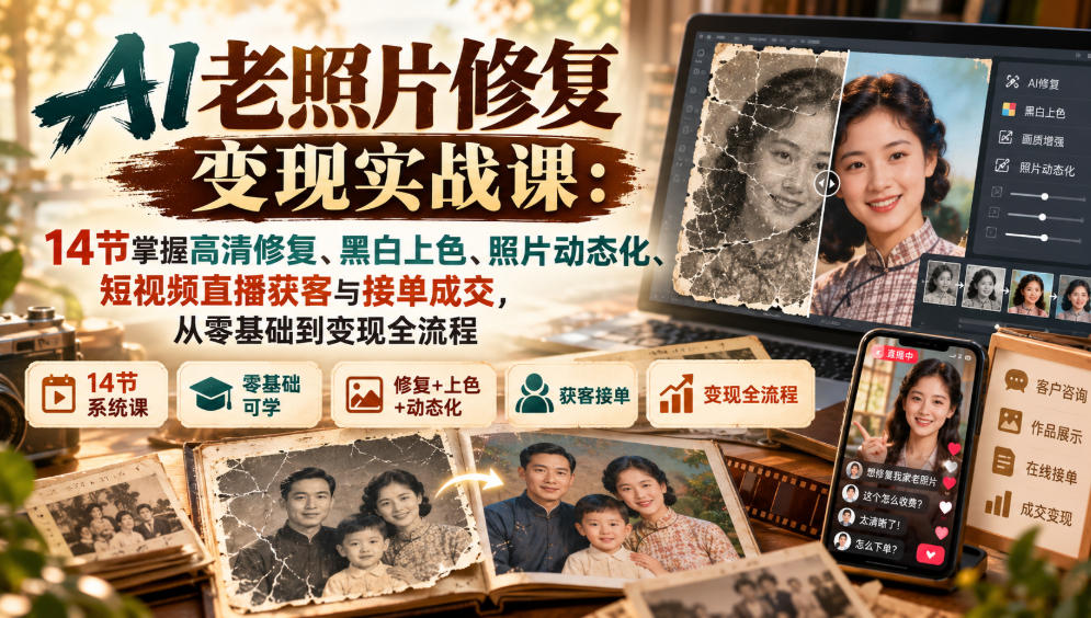 AI老照片修复变现实战课:14节掌握高清修复、黑白上色、照片动态化、短视频直播获客与接单成交,从零基础到变现全流程-摇钱树