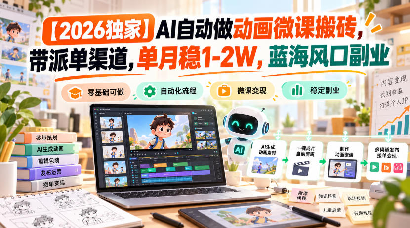 【2026独家】AI自动做动画微课搬砖,带派单渠道,单月稳1-2W,蓝海风口副业【揭秘】