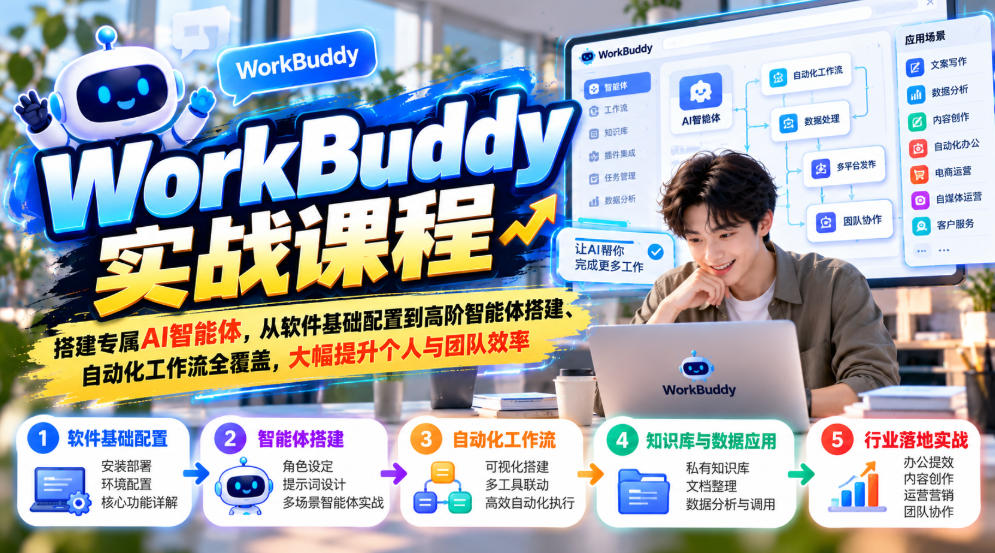 WorkBuddy实战课程,搭建专属AI智能体,从软件基础配置到高阶智能体搭建、自动化工作流全覆盖,大幅提升个人与团队效率