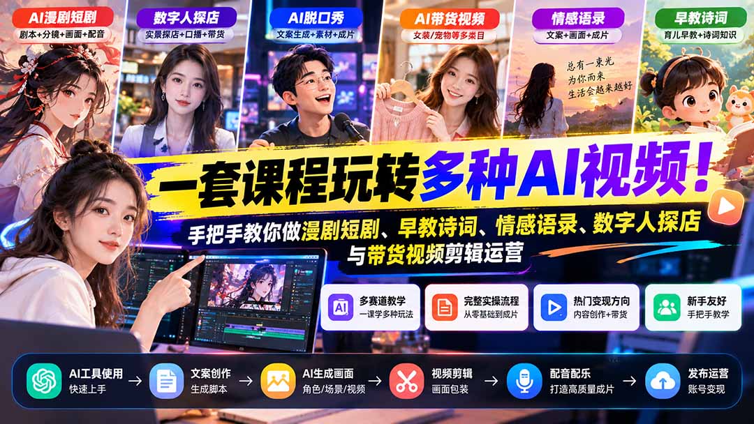 【无水印】一套课程玩转多种AI视频！手把手教你做漫剧短剧、早教诗词、情感语录、数字人探店与带货视频剪辑运营-摇钱树