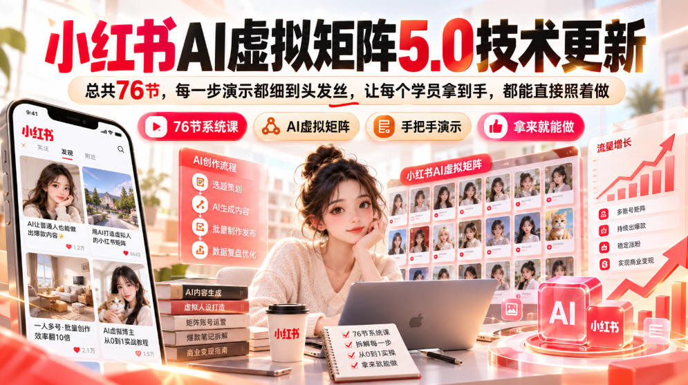 小红书AI虚拟矩阵5.0技术更新，总共76节，每一步演示都细到头发丝，让每个学员拿到手，都能直接照着做-摇钱树