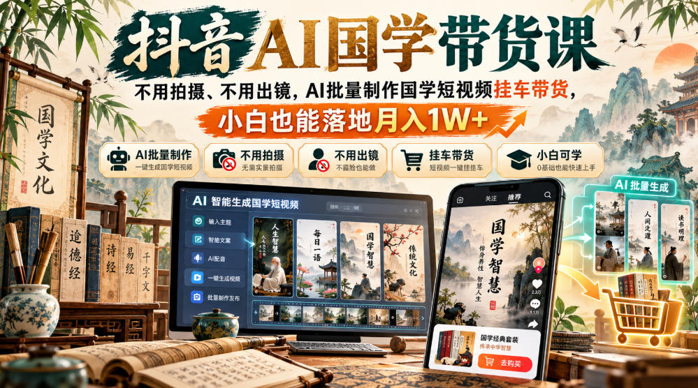 抖音AI国学带货课，不用拍摄、不用出镜，AI批量制作国学短视频挂车带货，小白也能落地月入1W+-摇钱树