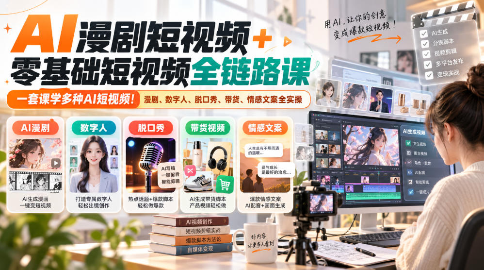 AI漫剧短视频+零基础短视频全链路课,一套课学多种AI短视频!漫剧、数字人、脱口秀、带货、情感文案全实操-摇钱树